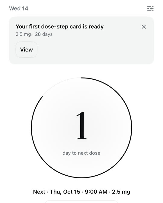 Evenweek Today screen showing one day to the next dose, the next scheduled dose and time, and a Log dose button.